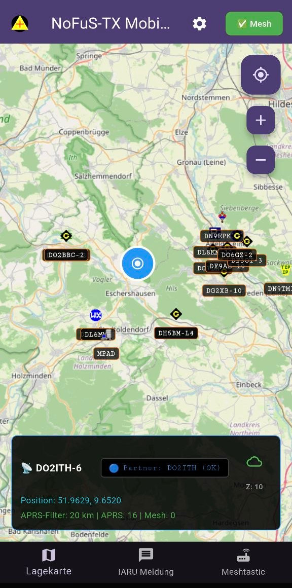 Screenshot der NoFuS-TX Mobile-App